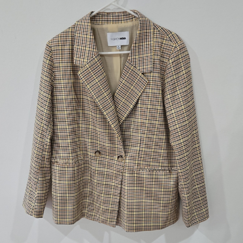 Fashion Nova Sz Medium Women's The Boss Babe Beige Checkered Blazer